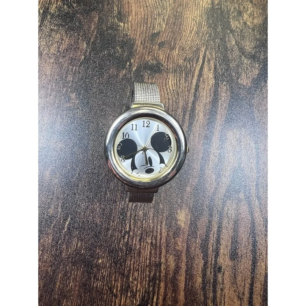 Disney‎ Mickey Mouse Silver & Gold Tone Cuff Bangle Wristwatch Rare
